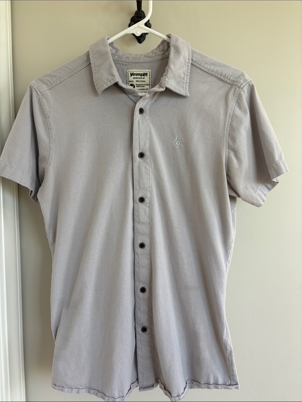 YoungLA Men’s Short Sleeve Button-Up Shirt in Pale Gray Size Medium